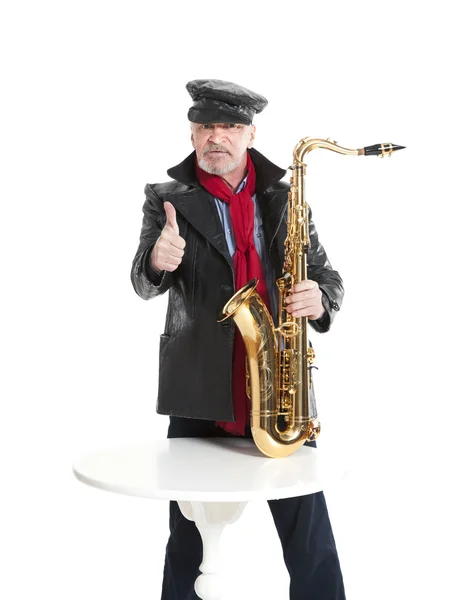 Man with trumpet showing trumb — Stock Photo, Image