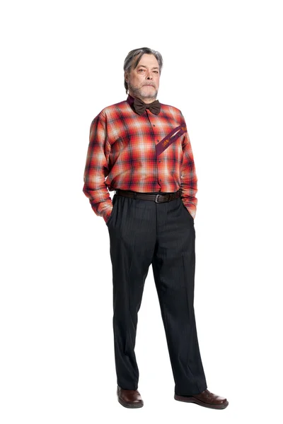 Oudere man in een plaid shirt en een strikje — Stockfoto