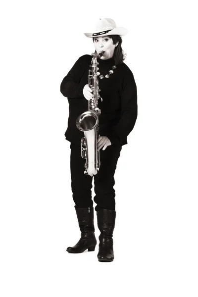 Woman in black playing saxophone. — Stock Photo, Image