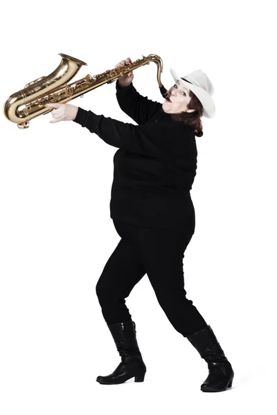 Woman in black playing saxophone. — Stock Photo, Image