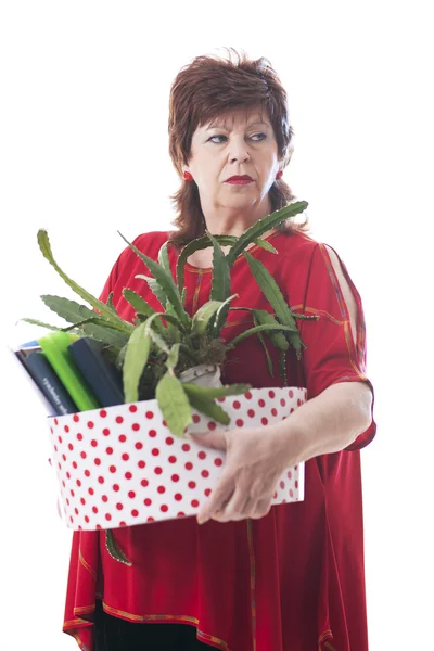Fired woman carrying a box of personal items — Stock Photo, Image