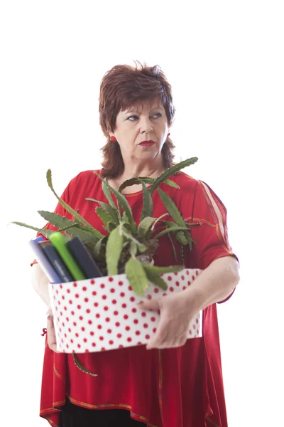 Fired woman carrying a box of personal items — Stock Photo, Image