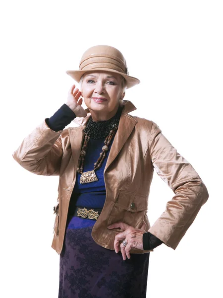 Senior blond woman in a hat with jacket — Stock Photo, Image