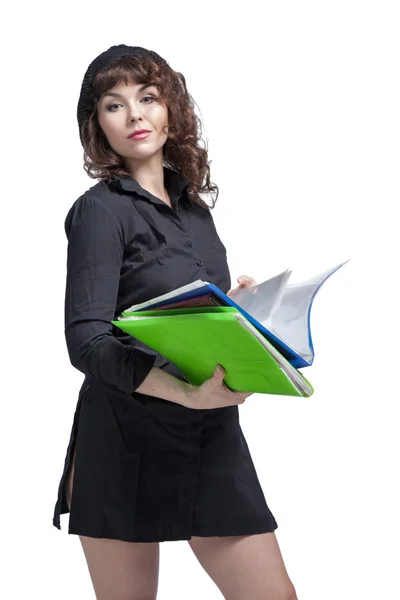 Young busy business woman with folders — Stock Photo, Image