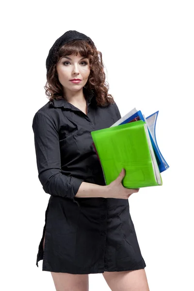 Young busy business woman with folders — Stock Photo, Image