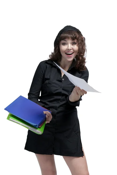 Portrait of a happy business woman holding papers — Stock Photo, Image