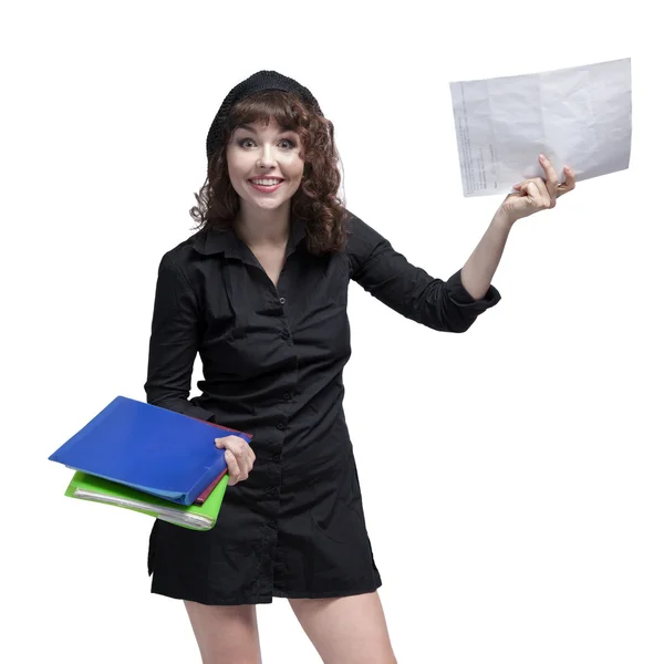 Portrait of a happy business woman holding papers — Stock Photo, Image