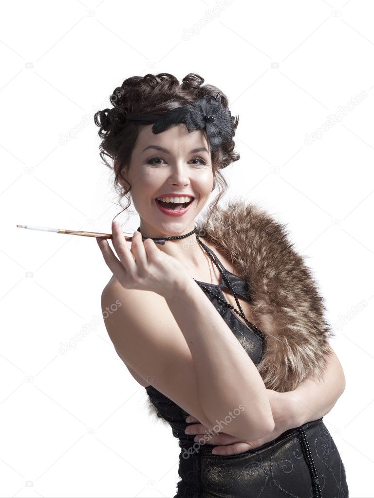 Emotional woman in retro style with mouthpiece