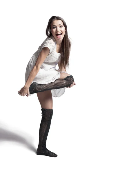 Chica entrenando su pierna — Foto de Stock