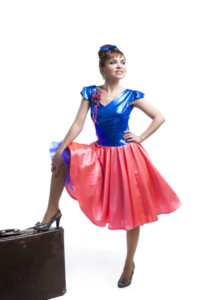 Retro portrait of  woman with suitcase — Stock Photo, Image