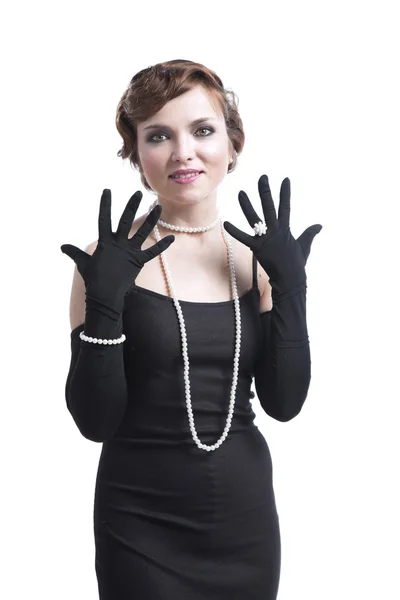 Woman in black dress ,gloves and jewelry Royalty Free Stock Photos