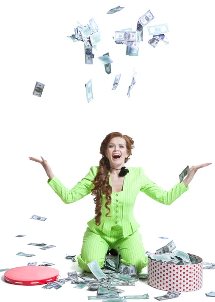 Mujer feliz tirando dinero —  Fotos de Stock