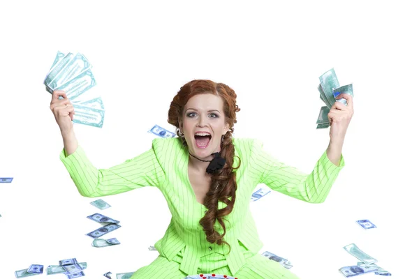Mulher feliz com dinheiro em uma caixa — Fotografia de Stock