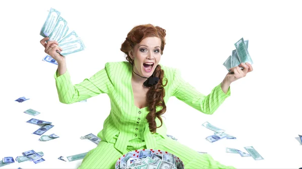 Mulher feliz com dinheiro em uma caixa — Fotografia de Stock
