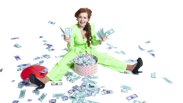 Happy woman with money in a box — Stock Photo, Image