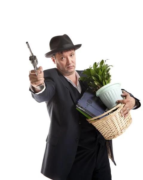 Businessman  with gun  hold  personal belongings — Stock Photo, Image