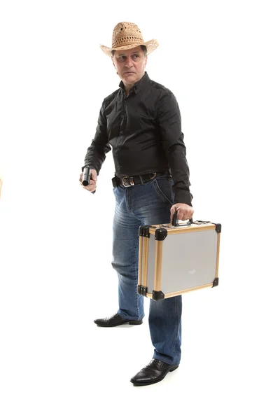 Homem com uma pistola e caixa — Fotografia de Stock