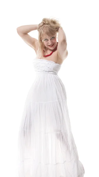 Blonde in white dress — Stock Photo, Image