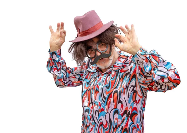 Cheerful Extravagant Grandfather Wig Entertains Merrily Dances Shows Kay — Stock Photo, Image