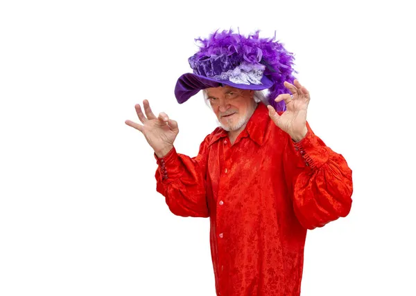 Cheerful Extravagant Grandfather Musketeer Hat Has Fun Dances Shows Well — Stock Photo, Image