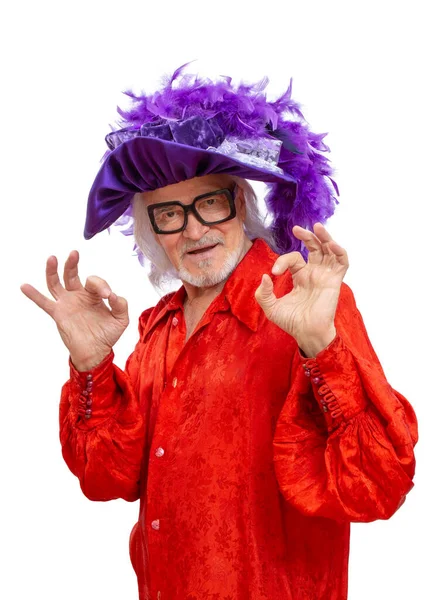 Cheerful Extravagant Grandfather Musketeer Hat Has Fun Dances Shows Well — Stock Photo, Image