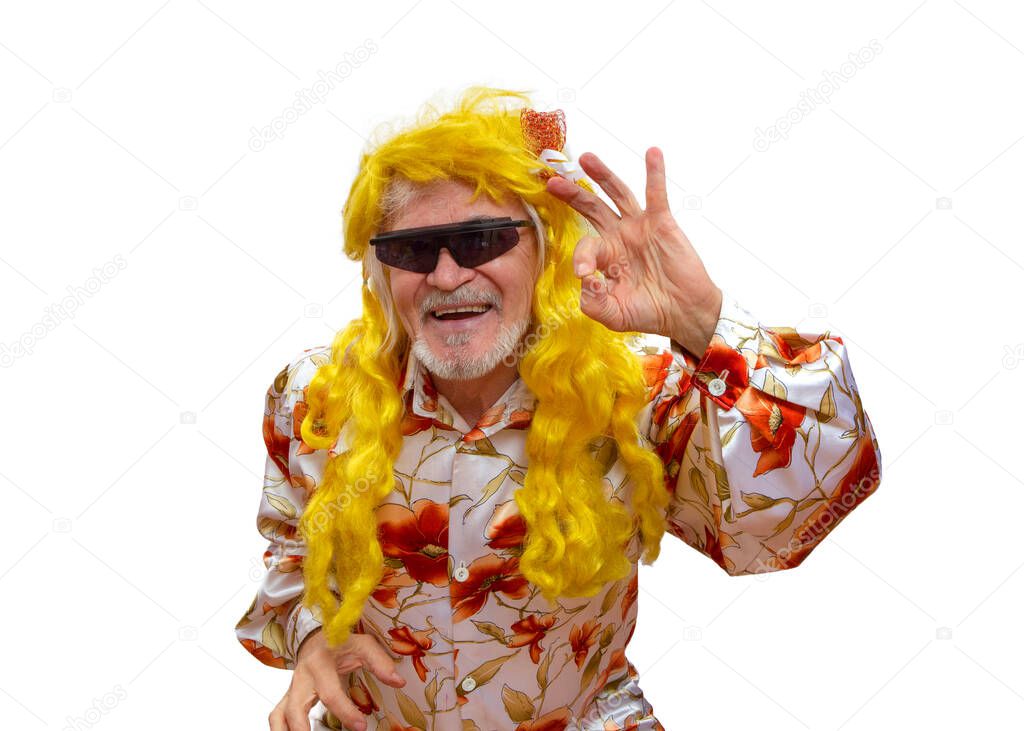 A cheerful and extravagant grandfather in a wig entertains merrily, dances and shows o kay!