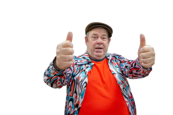 Renkli Abartılı Bir Takım Elbise Giymiş Parmağını Gösteren Komik Yaşlı — Stok fotoğraf