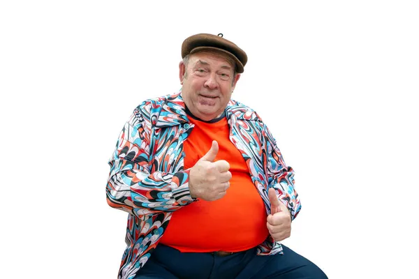 Добрая Очаровательная Улыбка Смешного Пожилого Человека Красочном Экстравагантном Костюме Показывающего — стоковое фото