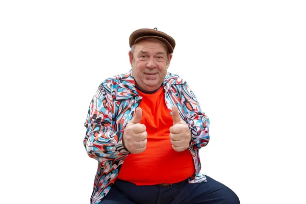 Renkli Abartılı Bir Takım Elbise Giymiş Parmağını Gösteren Komik Yaşlı — Stok fotoğraf