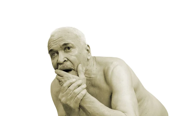 Elderly Man Naked Waist Screams Shakes Shock Horror Isolated White — Stock Photo, Image