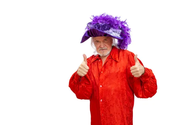 Neşeli Mutlu Parlak Elbiseli Peruklu Bir Adam Başparmağını Kaldırıyor Şansını — Stok fotoğraf