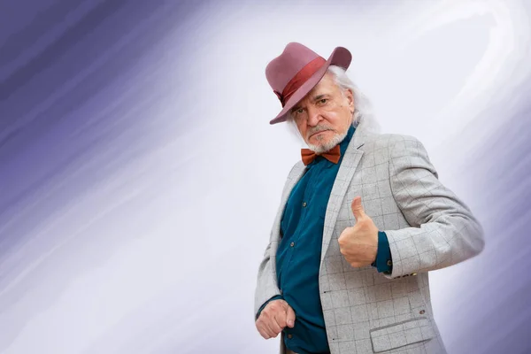 Cheerful Happy Man Trendy Clothes Hat Showing Thumbs Celebrating His — Stock Photo, Image