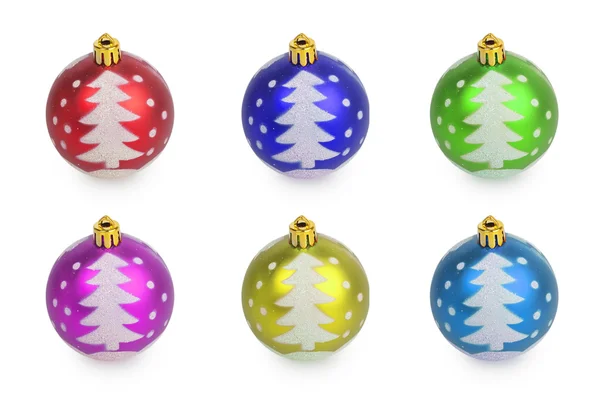 Set of multicolored Christmas balls with painted Christmas tree — Stock Photo, Image