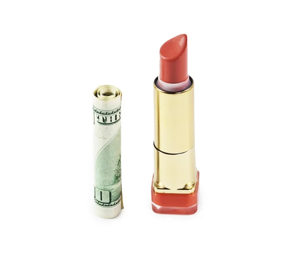 Red lipstick and rolled up dollar bill — Stock Photo, Image