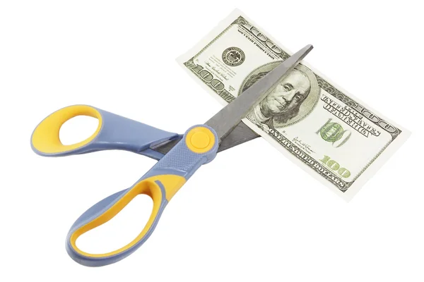 Scissors cut a hundred dollar bill — Stock Photo, Image