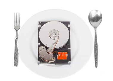 sabit disk disk üzerinde beyaz bir tabak çatal ve kaşık ile açıldı