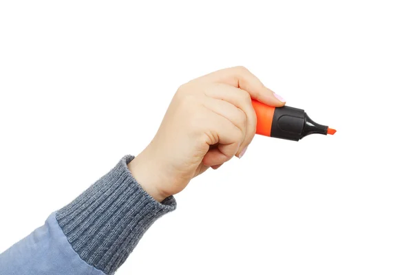 Mână feminină cu marker portocaliu — Fotografie, imagine de stoc