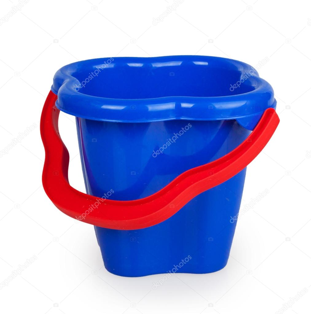 baby blue plastic bucket with red handle