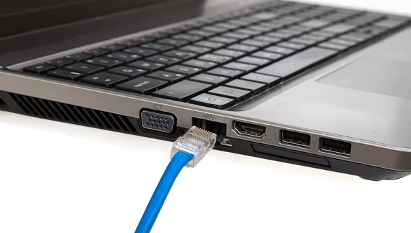 Cabo de rede de Internet estão conectados ao notebook — Fotografia de Stock