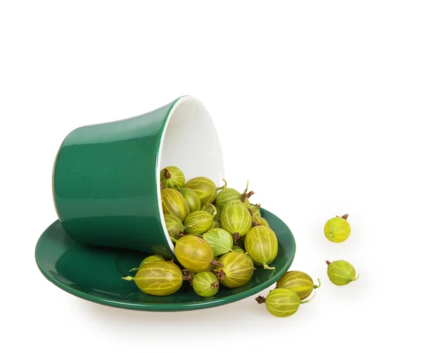 Крыжовник в перевернутой зеленой чашке на зеленой тарелке — стоковое фото