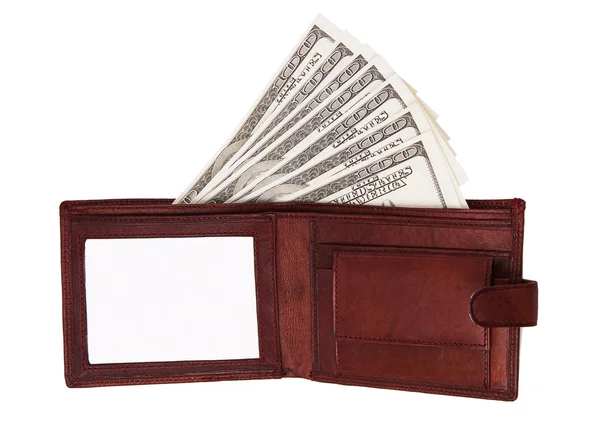 Банкнота 100 долларов в открытой коричневой кожаной сумке — стоковое фото