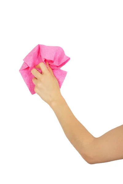 Mão feminina espanando pano rosa — Fotografia de Stock