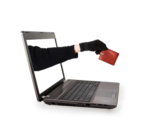 Dief hand met lederen tas van een laptop scherm — Stockfoto