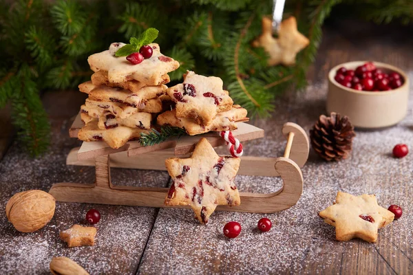 Christmas Cookies Shape Stars Dried Cranberries Delicious Traditional Homemade Dessert — Stock Photo, Image