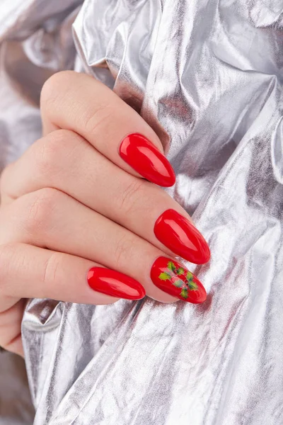 Hand Long Natural Manicured Nails Covered Red Nail Polish Silver — Stock Photo, Image