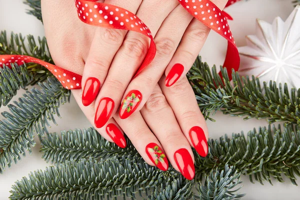 Hands Long Natural Manicured Nails Covered Red Nail Polish Christmas — Stock Photo, Image