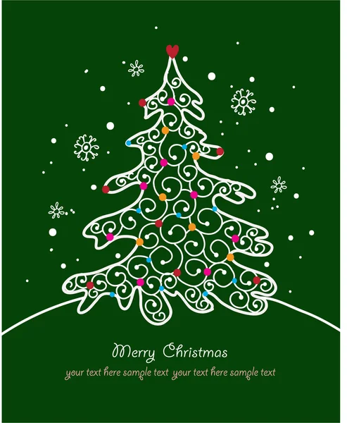 Cartão de Natal com árvore e ornamentos, cartão de Natal — Vetor de Stock