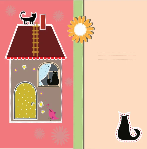 Ansichtkaart met decoratieve huis en een kat — Stockvector
