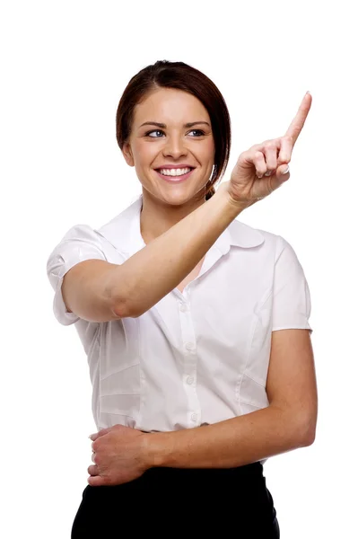 Business woman about to push a button — Stock Photo, Image
