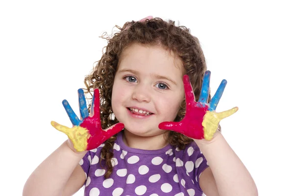 Young girl with painted fingers isolated on a white background — Stock Photo, Image